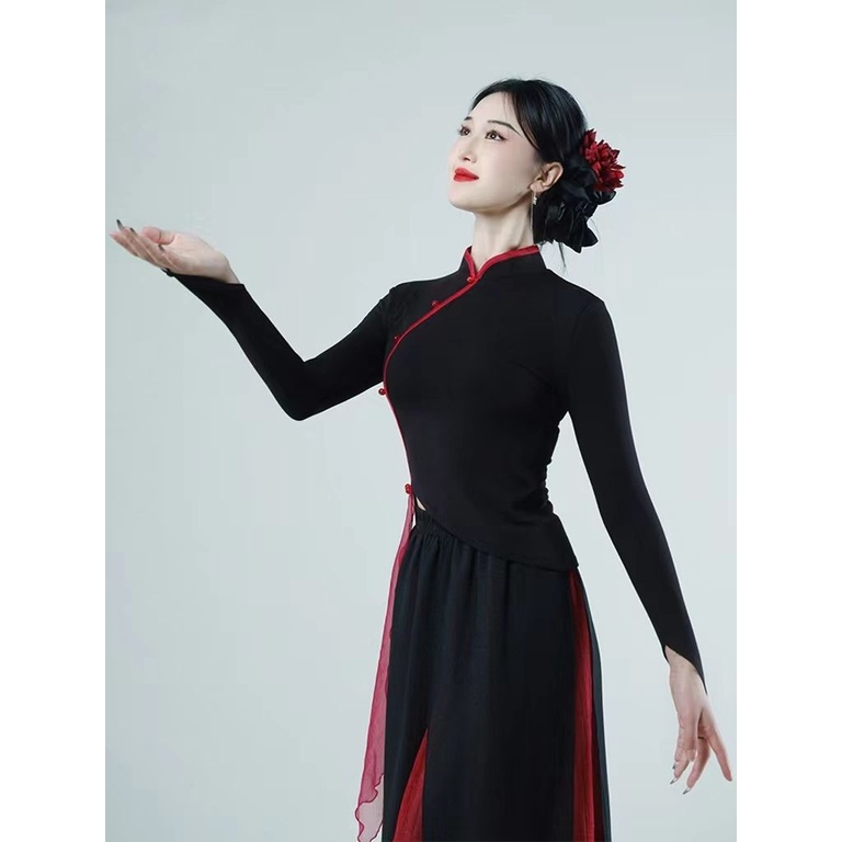 Áo Sườn Xám Ngắn Tay Màu Đen Phong Cách Trung Hoa Cổ Điển Cho Nữ Tập Múa