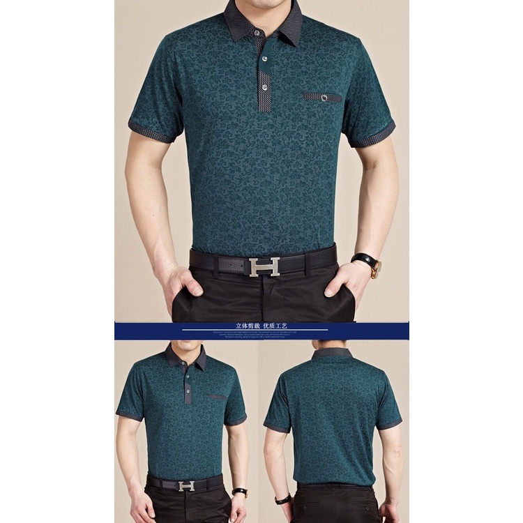 Áo Thun Polo Vải Lụa Lạnh Dáng Rộng In Họa Tiết Có Túi Thời Trang Mùa Hè Cho Nam Trung Niên