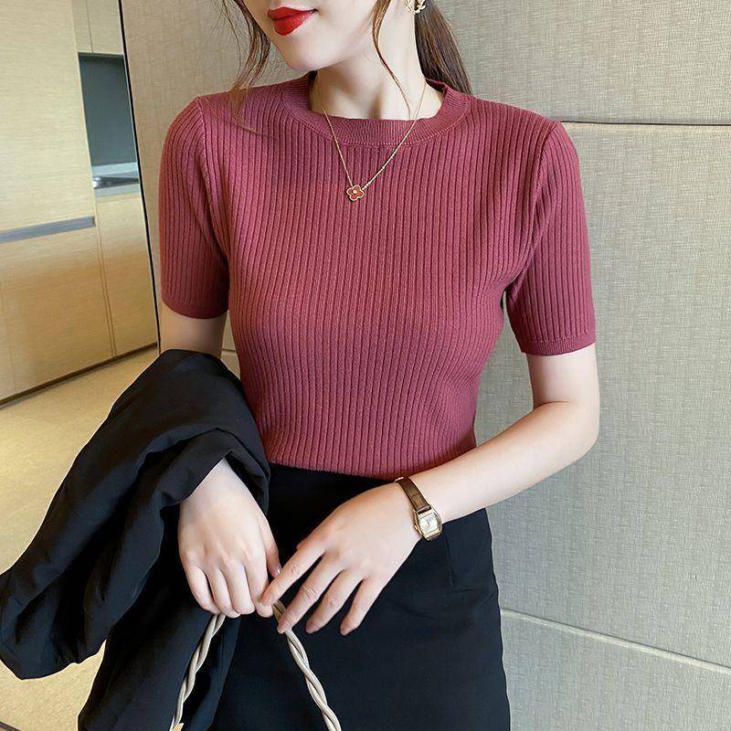 Áo Thun Dệt Kim Tay Ngắn Cổ Tròn Màu Sắc Đơn Giản Cho Nữ