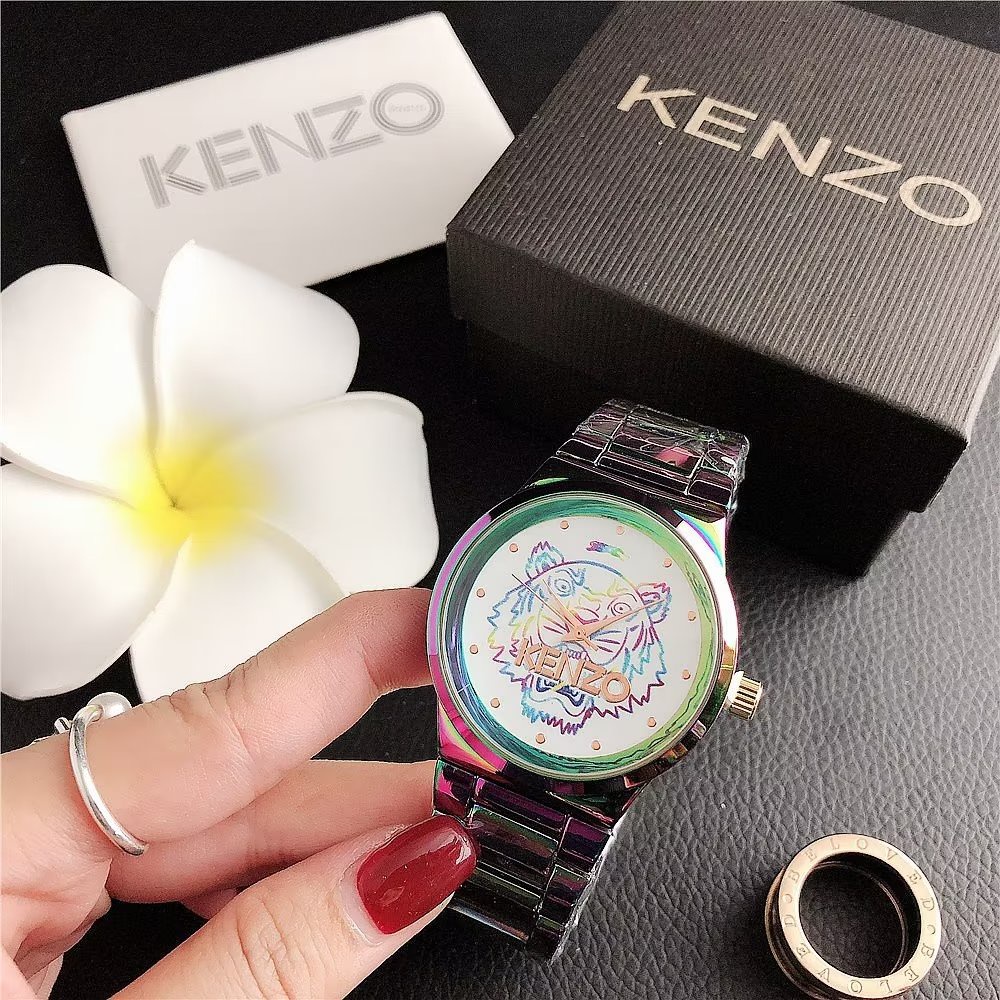 Đồng Hồ Đeo Tay Mặt Tròn In Hình Kenzo Dây Da Thời Trang Cho Cặp Đôi