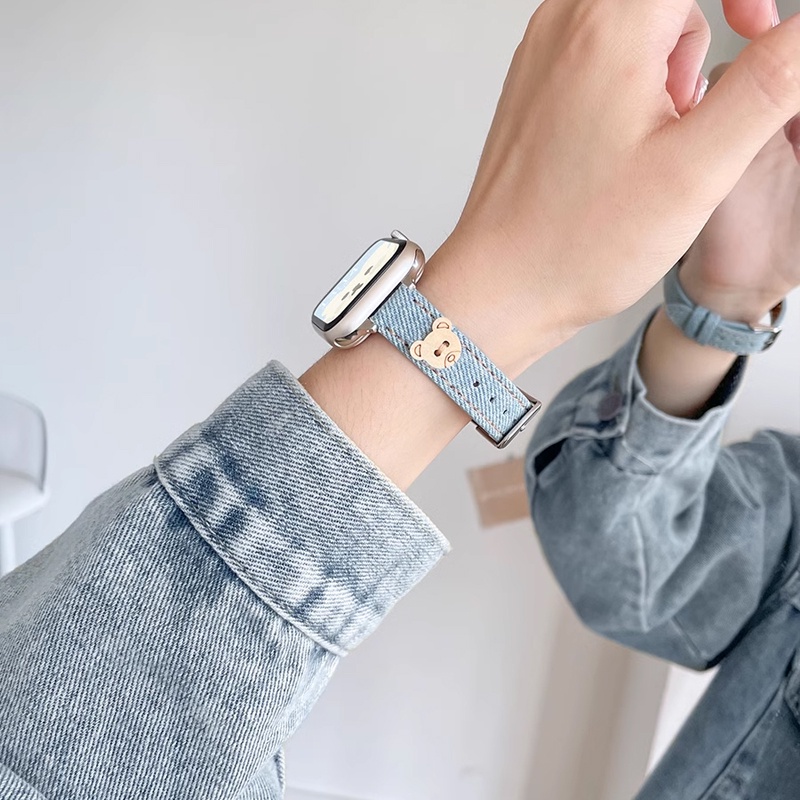 Dây Đeo Đồng Hồ Bằng Denim Họa Tiết Gấu Dễ Thương Cho Apple Watch Series 8 7 6 5 4 3 40mm 41mm 38mm 44mm 45mm 49mm