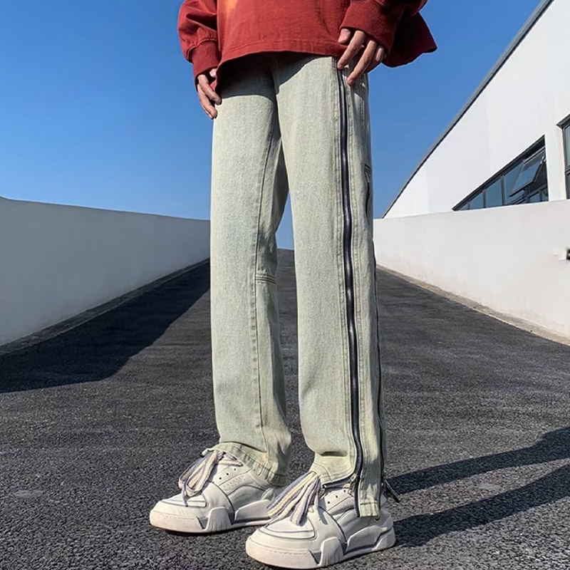 Yazhiniao Quần Jean Ống Suông Phối Khóa Kéo Bên Hông Phong Cách retro Mỹ Cho Nam