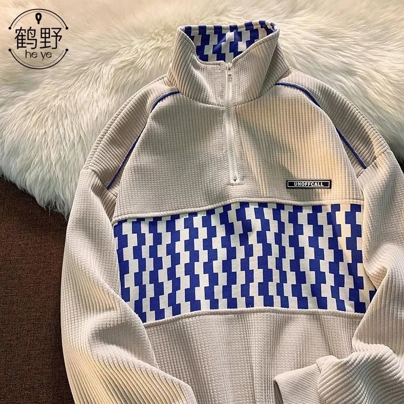 Waffle nửa dây kéo polo cổ áo len nam và nữ áo khoác rộng thùng thình mùa thu