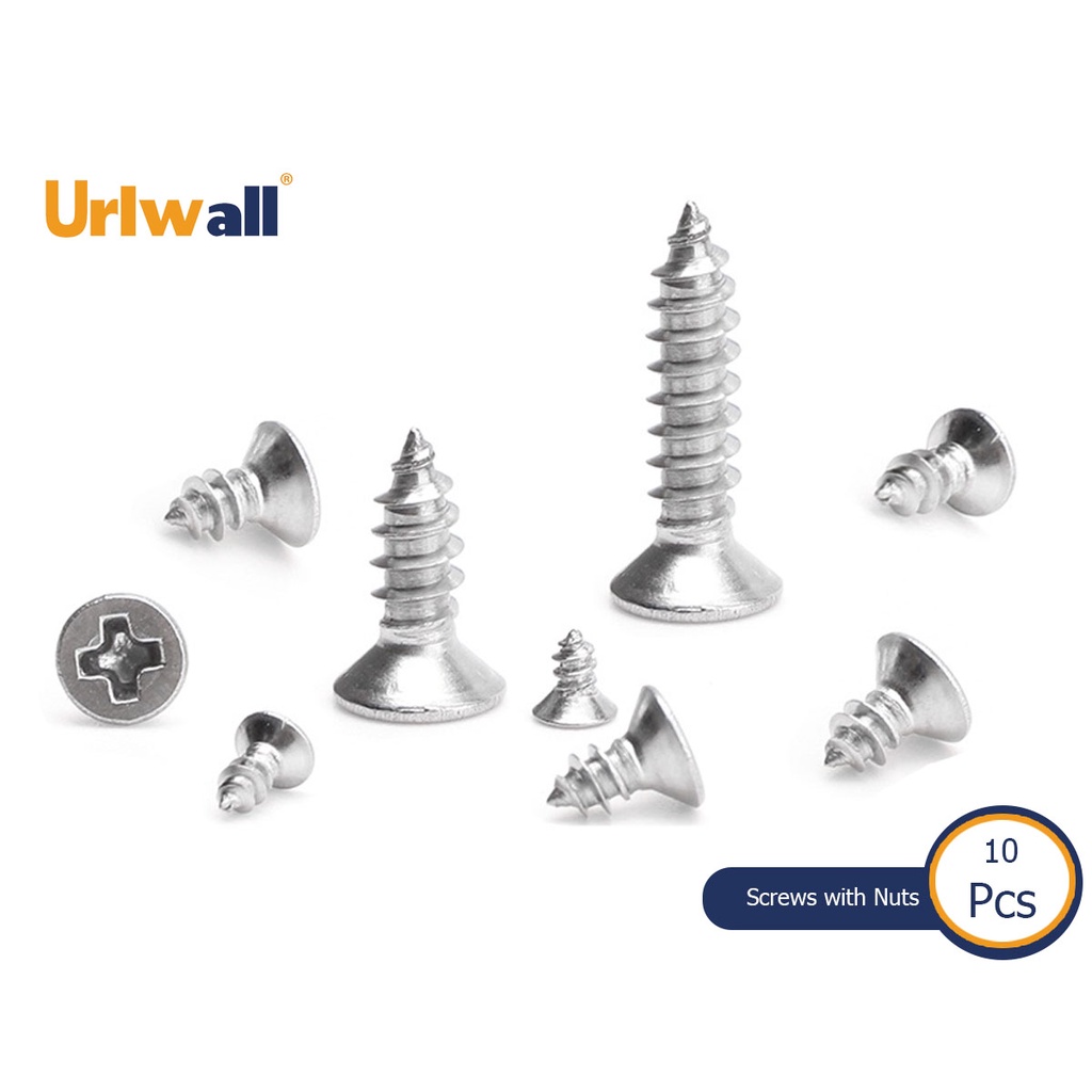 10 Vít tự khoan Phillips URLWALL M2 M3 M4 M5 M6 bằng thép không gỉ 304 đầu dẹt chìm hình chữ thập