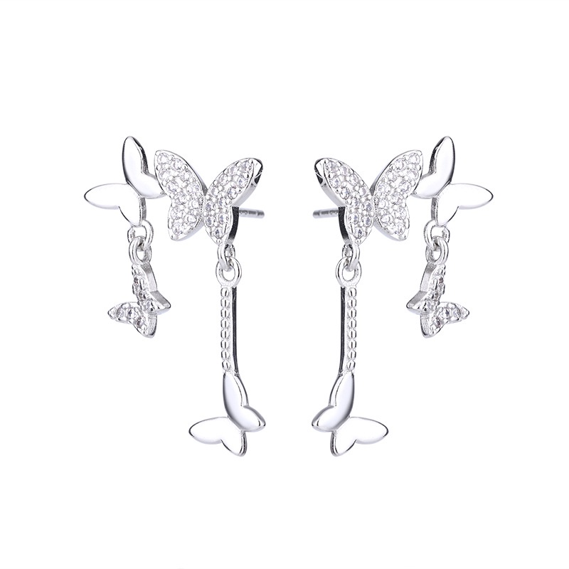 Thời trang bạc màu bướm stud bông tai quyến rũ phụ nữ sáng tạo pha lê tua bông tai trang sức bên