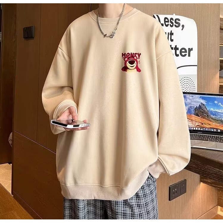 Áo Sweater nam form rộng big size tới 90kg Mỹ sáng tạo phim hoạt hình dâu tây gấu in Unisex Thời Trang Trẻ Trung