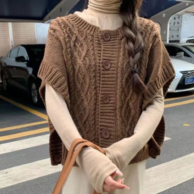 Áo sweater RENJIANVSHENG dệt kim không tay dáng rộng kiểu cổ điển thời trang