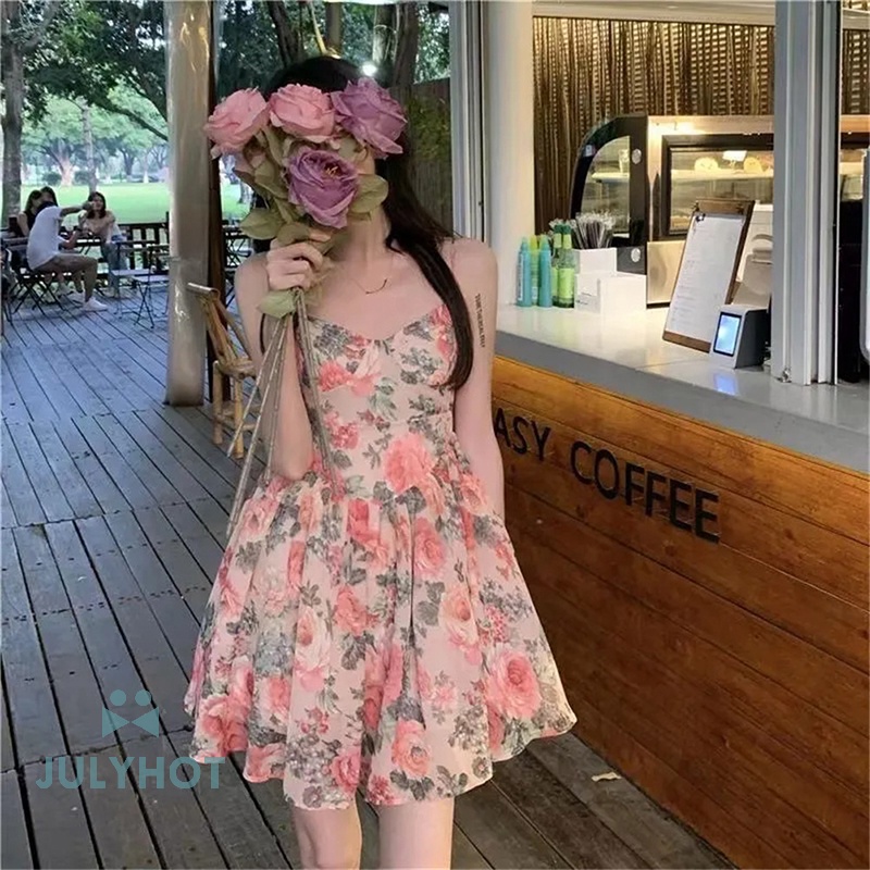 Đầm không tay mát mẻ Đầm Mini dây đeo spaghetti mùa hè phong cách Pháp phong cách Pháp phong cách hoa gợi cảm cho nữ VN
