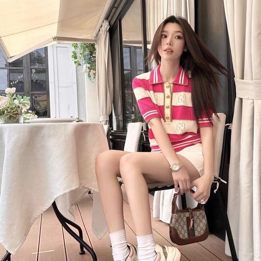 GUCC * striped hollow polo sweater 2023 Summer new high-end design pink short-sleeved top for women