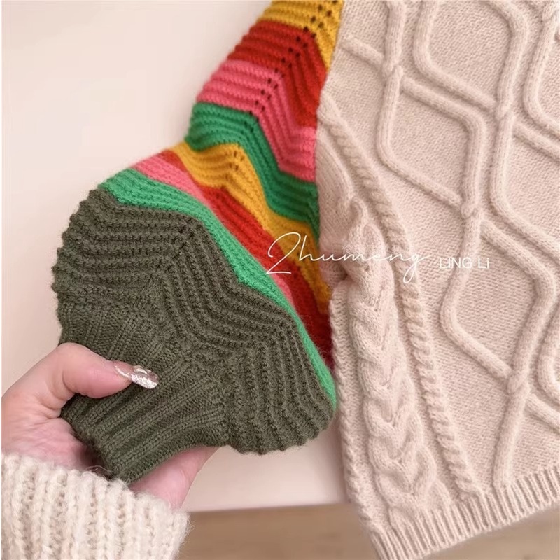 Áo Len Lông Cừu Tay Áo Gợn Sóng Màu Tương Phản Thời Trang Thu Đông Hàn Quốc Dành Cho Bé Gái 2-7 Tuổi