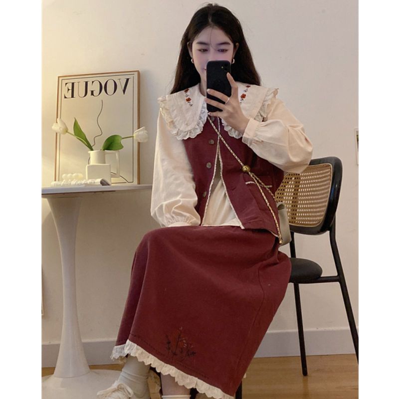 Set Áo Khoác Không Tay + Áo Sơ Mi Cổ Búp Bê + Chân Váy Phong Cách Thời Trang Mới