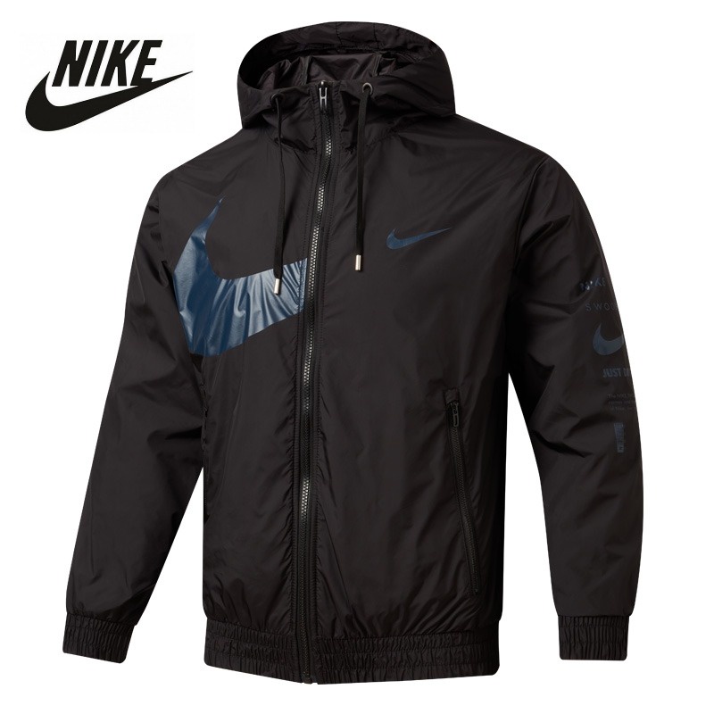 Nike100% original men's running training coat dệt nhẹ swoosh trendy windproof áo khoác có mũ trùm đầu