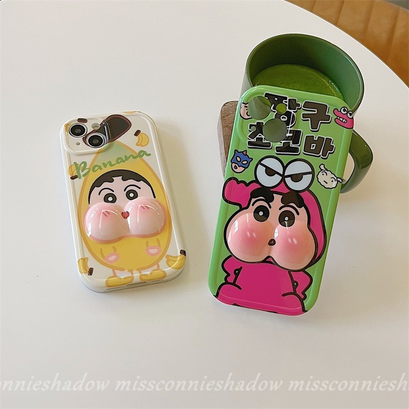 Vui nhộn cá sấu chuối đội đầu phim hoạt hình dễ thương bút chì màu shin-chan vỏ điện thoại tương thích cho iphone xr 12 13 11 14 pro max 6s 7 6 8 plus x xs max se 3d decompression glossy soft cover