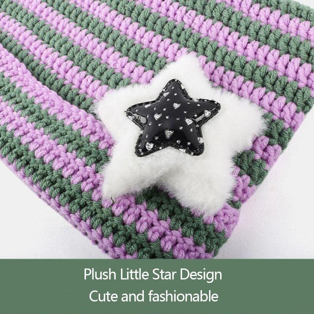 Muvako Mũ len dệt kim, với mũ chui đầu năm cánh pompom, quỷ nhỏ sọc tai mèo dễ thương mũ beanie thu đông
