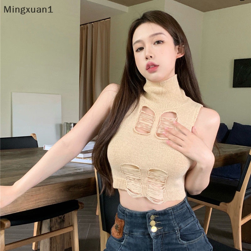 Thời trang mùa hè cao cổ dệt kim vest nữ sexy rỗng ngoài không tay slim top qzz