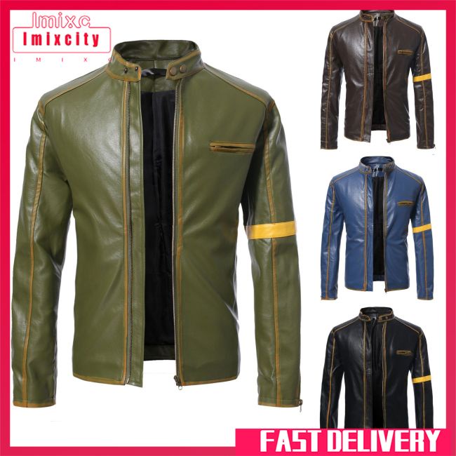 Imixcity men stand collar leather jacket zipper motorcycle lightweight faux leather outwear with multi-pockets