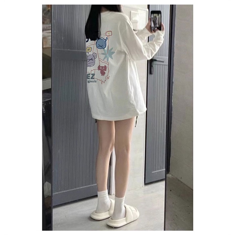 Chalizi autumn 100% cotton dài tay t-shirt nữ phiên bản hàn quốc mẫu thời trang lỏng lẻo cổ tròn cặp đôi phong cách hàng đầu