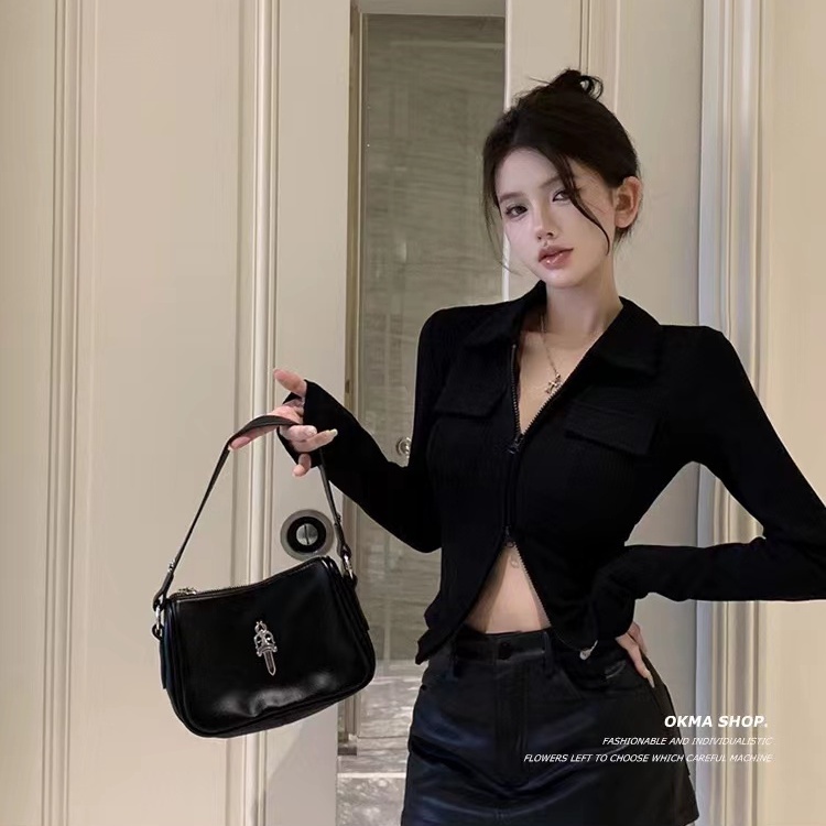 Áo dáng ngắn COZOK tay dài cổ polo phối khóa kéo đôi thời trang dành cho nữ