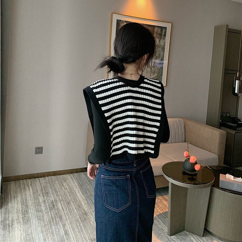 Khăn Choàng cotton Dệt Kim Kẻ Sọc Trắng Đen Nhỏ Dễ Phối Đồ Thời Trang Mùa Xuân Cho Nữ