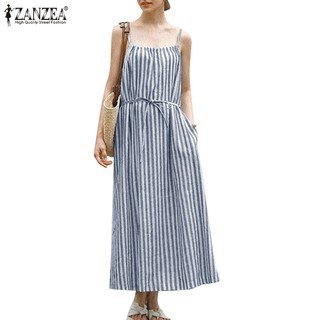 Đầm ZANZEA thắt dây họa tiết sọc phối túi thời trang cổ điển dành cho nữ