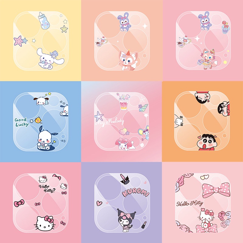 Phim hoạt hình sanrio melody hello kitty kuromi crayon shin-chan bảo vệ ống kính máy ảnh tương thích cho iphone 14 13 pro max 14plus 13mini bảo vệ kính cường lực trong suốt full cover