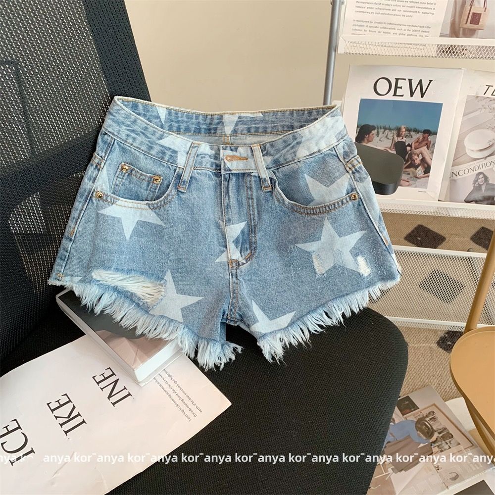 Thiết kế cảm giác retro raw edge jeans ripped jeans siêu quần short hot phụ nữ mùa hè mỹ hot girls slimmer look shorts hợp thời trang