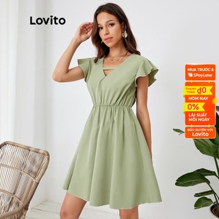 Lovito Váy trơn trơn cổ V xếp nếp L24LD034 (Xanh nhạt)
