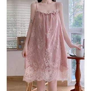 Đồ ngủ hai dây phối ren mỏng màu trơn phong cách mới
