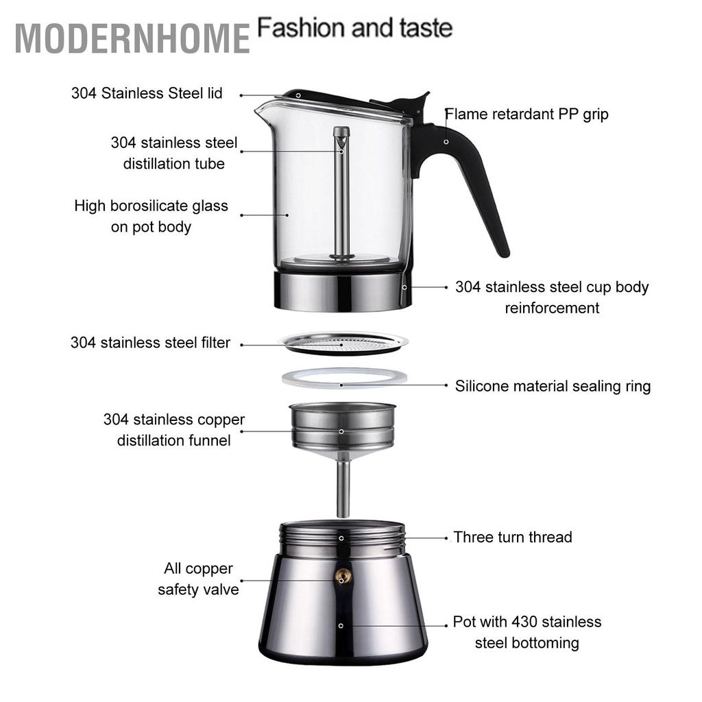 ModernHome Moka Pot Mặt Kính Pha Lê Thép Không Gỉ Bếp Cổ Điển Ý Cà Phê Cho 6 Ly