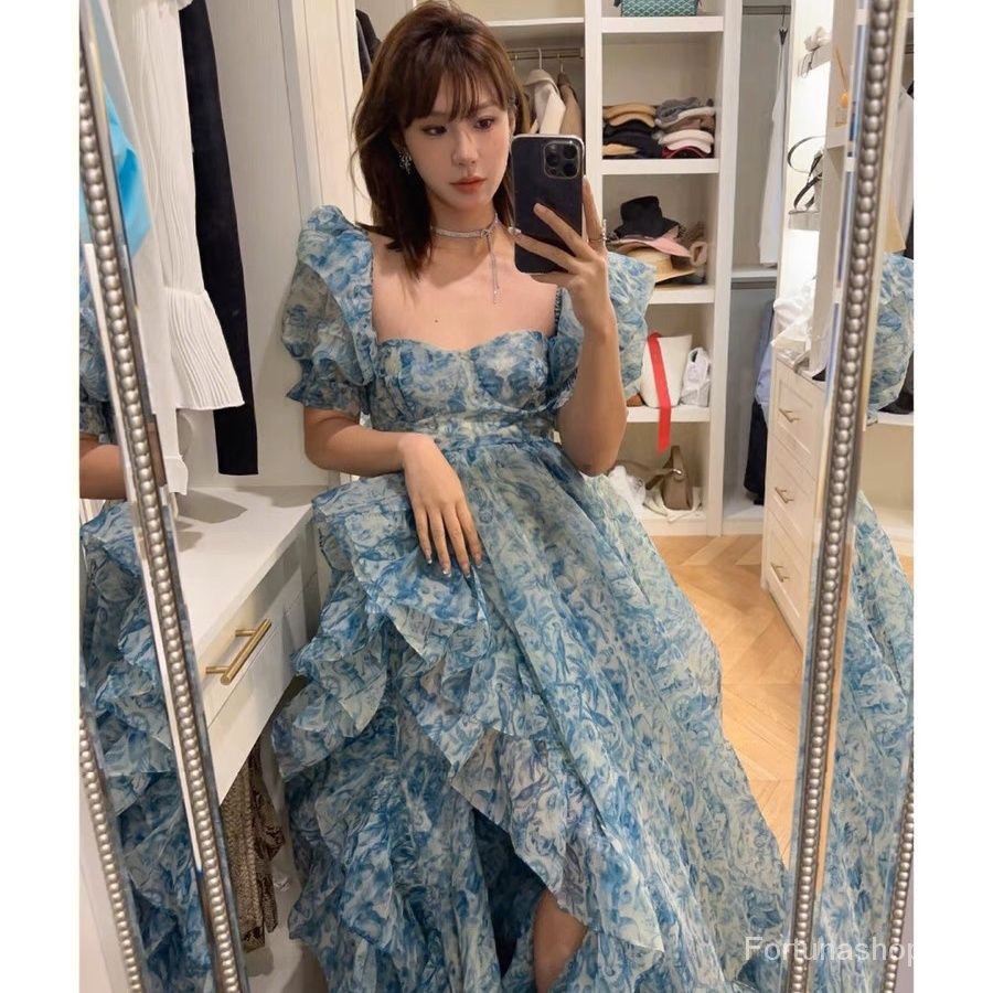 Sớm Mùa Xuân Phong Cách Mới Áo Tay Phồng In Họa Tiết Sứ Trắng Xanh Siêu Thơ Cao Cấp Dáng Hẹp Eo Pettiski