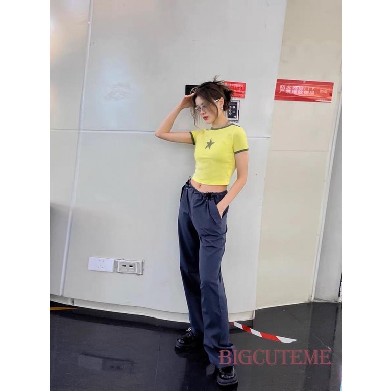 Áo Croptop Tay Ngắn Cổ Tròn Màu Sắc Tương Phản In Họa Tiết Ngôi Sao Thời Trang Cho Nữ