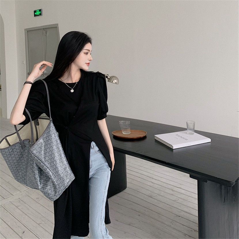 Áo Thun Ngắn Tay Cổ Tròn Xẻ Tà Phối Nút Thời Trang Cho Nữ
