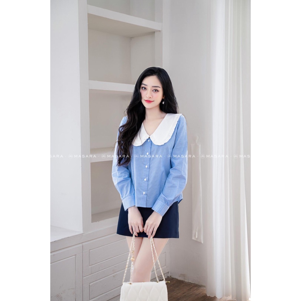 ÁO KẺ XANH PHỐI CỔ BÈO TRẮNG