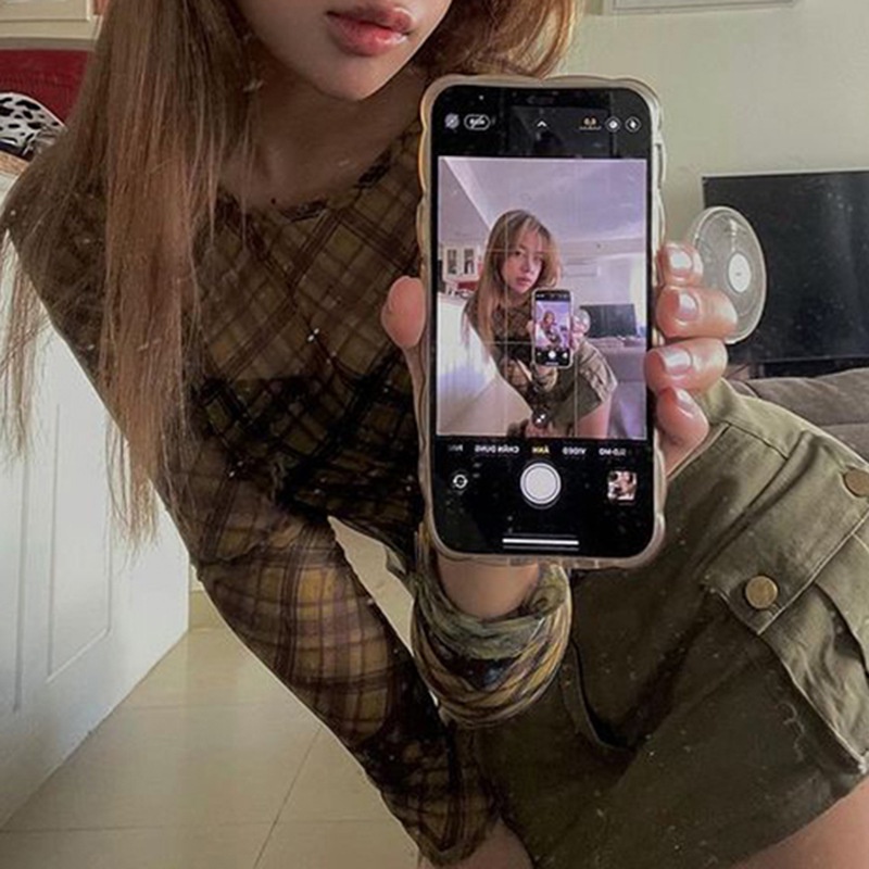 DUNEA Áo Thun Tay Dài Phối Lưới Xuyên Thấu In Họa Tiết Ca Rô Y2K Dành Cho Nữ