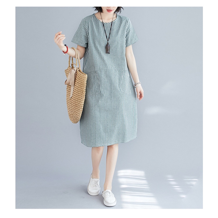 Đầm Tay Ngắn Cổ Tròn Chất Liệu Cotton Lanh Form Rộng Họa Tiết Kẻ Sọc Thời Trang Mùa Hè Cho Nữ
