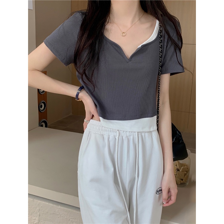 SUXI Áo Thun Ngắn Tay Cổ V Lưng Cao Thời Trang Mùa Hè Cho Nữ