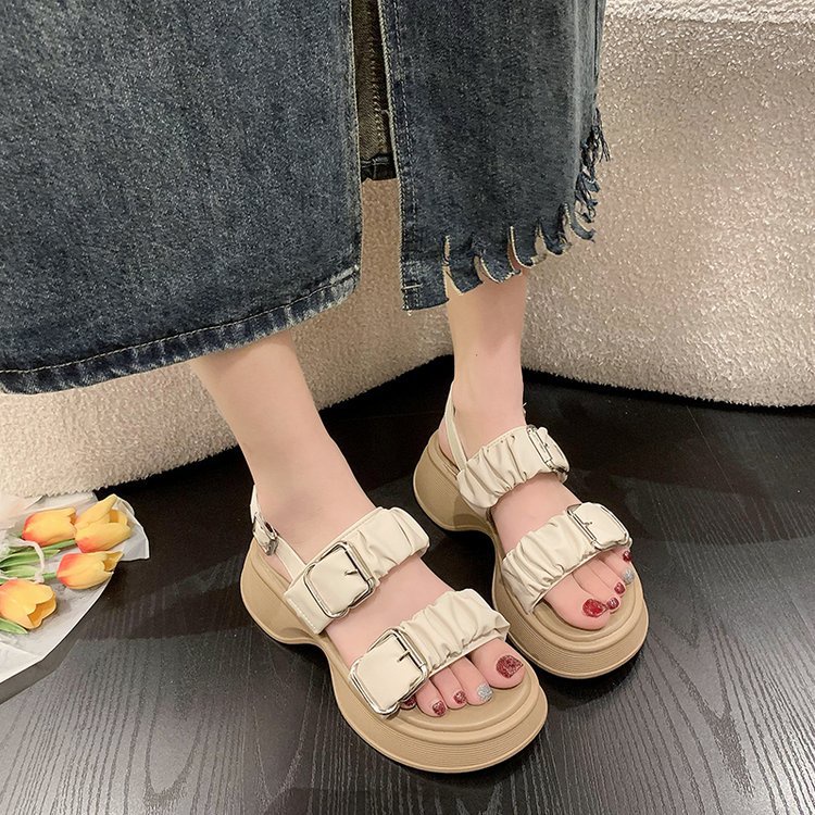 Giày Sandal Đế Xuồng Dày Hai Hàng Nút Phong Cách La Mã Thời Trang Mùa Hè 2023 Mới Cho Nữ