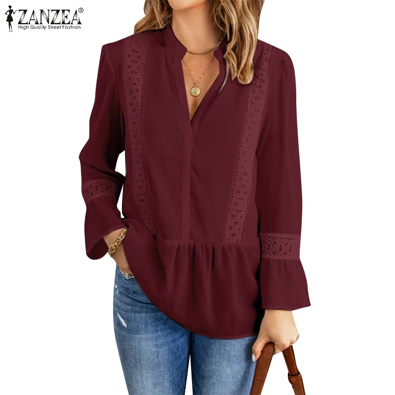 Zanzea Áo Kiểu Cổ Đứng Viền Ren Nhún Bèo Xinh Xắn Thời Trang Cho Nữ