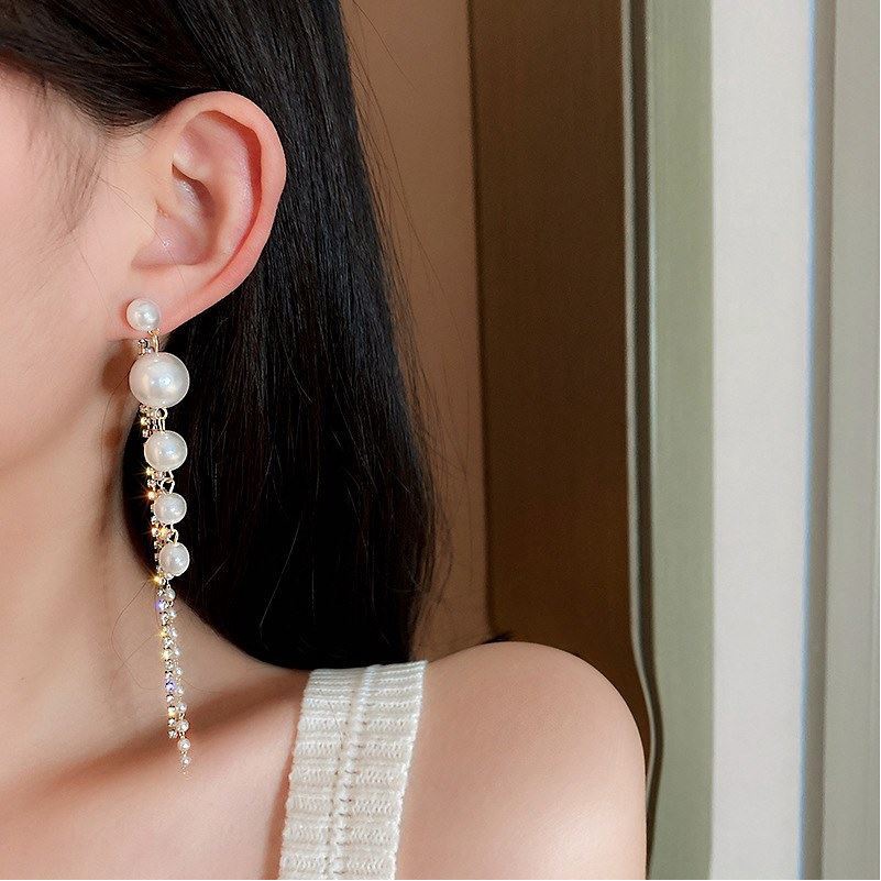 Khuyên Tai Tua Rua Đính Kim Cương Ngọc Trai Nhân Tạo Thời Trang Hàn Quốc