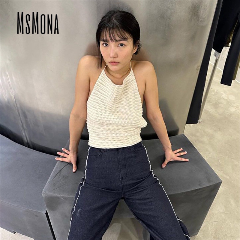 Áo Hai Dây Dệt Kim Màu Trơn Hở Lưng Ôm Dáng Thời Trang 2023 Cho Nữ