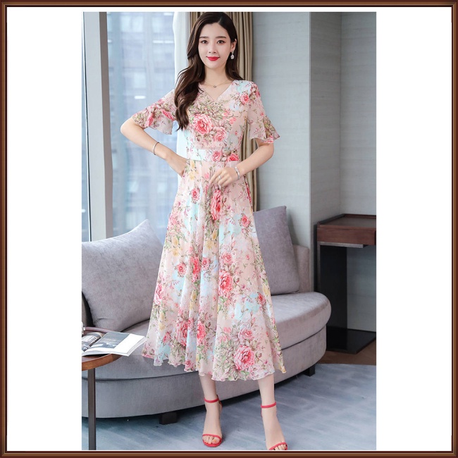 Đầm Dáng Chữ A Tay Ngắn Cổ Chữ V Họa Tiết Hoa Xinh Xắn Cho Nữ