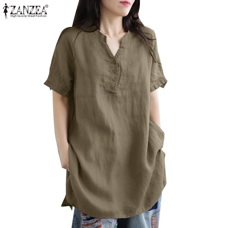 Zanzea Áo Sơ Mi Nữ Tay Ngắn Cổ Đứng Thời Trang Đường Phố