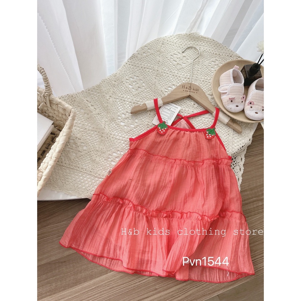 Đầm Hai Dây Mùa Hè Cho Bé Gái Đính Hình Quả Dâu, Chất voan Lụa Tơ Mềm Mịn Mát 8-20kg