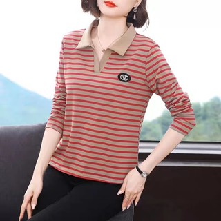 Áo polo Tay dài cổ chữ V trung niên áo tay dài áo kẻ sọc áo phụ nữ trung niên