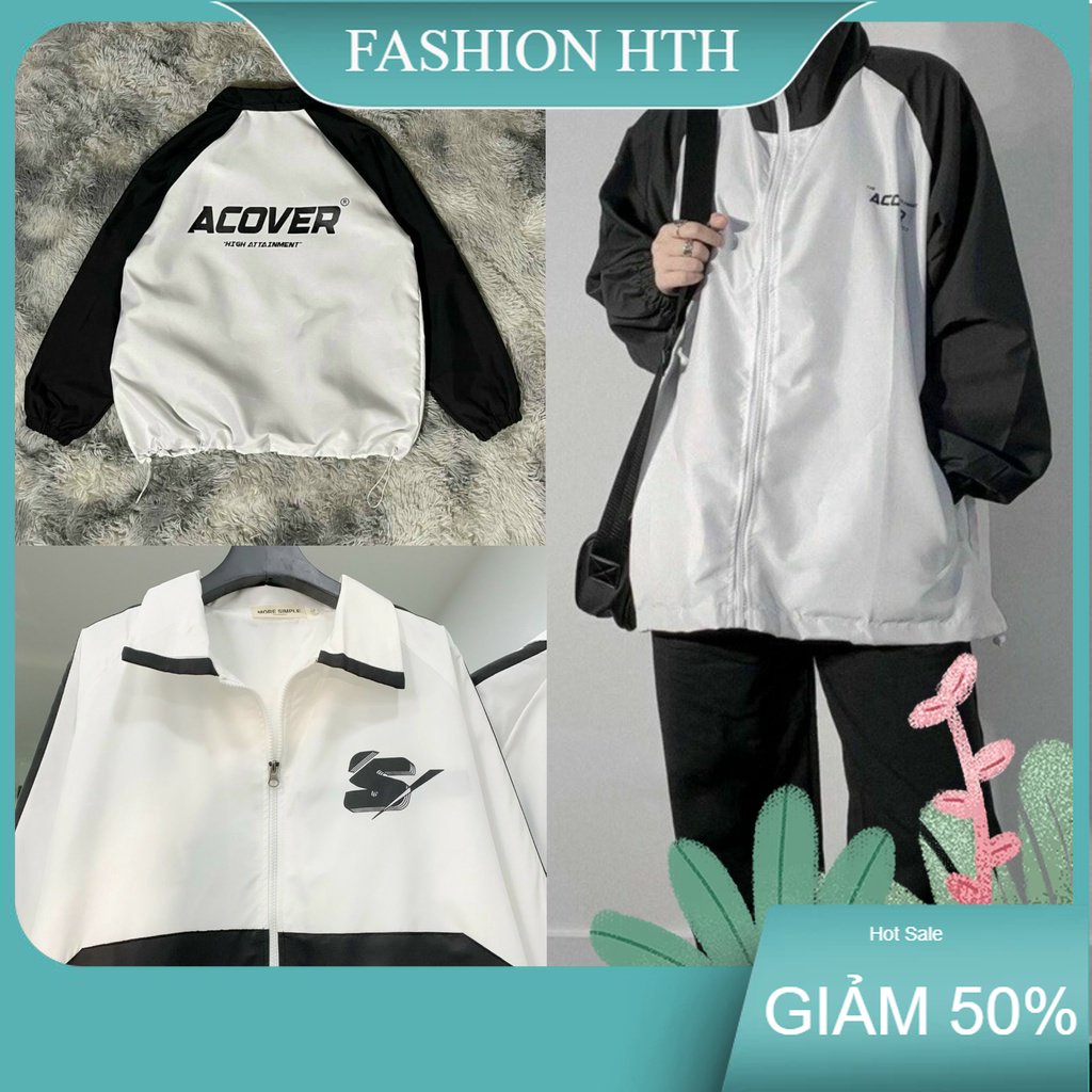 Áo khoác dù Nam nữ acover chữ S 2 lớp dày dặn full zip PHỐI TRẮNG ĐEN