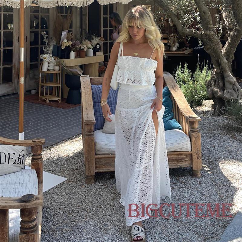 [] Set 2 Món Gồm Áo Croptop Ống Nhún Bèo Màu Trắng + Chân Váy Dài Lưng Cao Xẻ Tà Thời Trang Cho Nữ Y2K