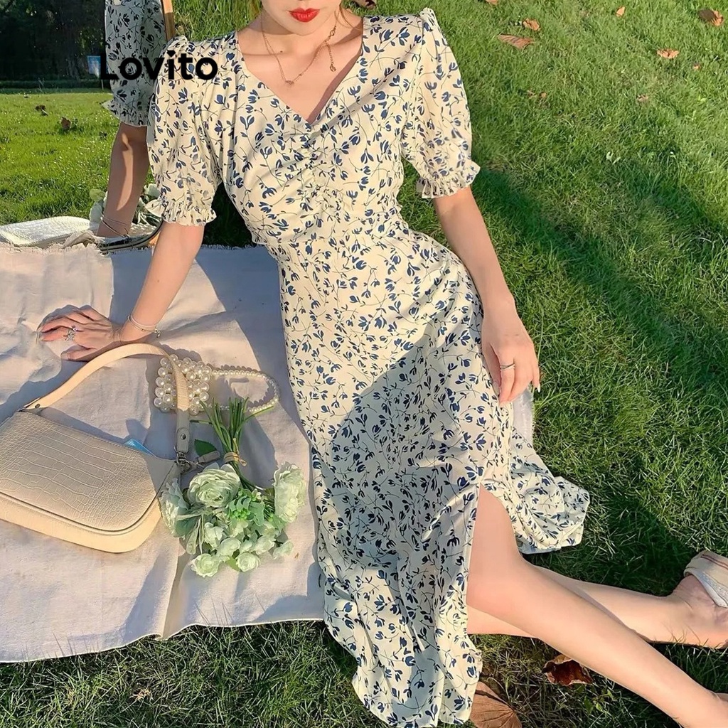 Đầm midi Lovito tay phồng ngắn họa tiết hoa nhí cơ bản cho nữ LNE02203 (xanh dương)