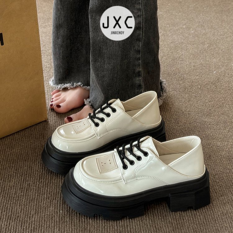 JINxCHOY Giày Da Oxford Đế Dày Mũi Tròn Màu Trơn Cột Dây Đơn Giản Thời Trang