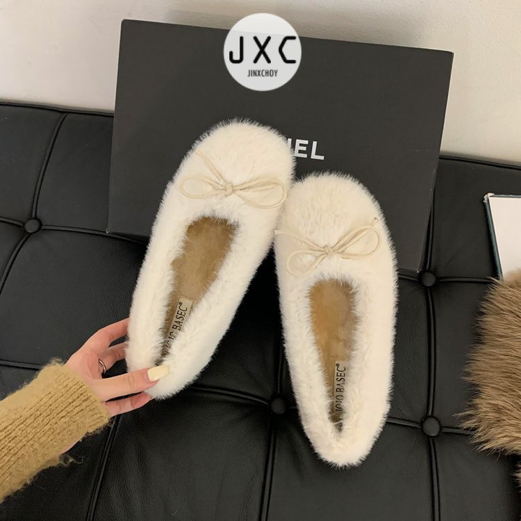 JINxCHOY Giày Búp Bê Mũi Tròn Màu Trơn Phối Lông Thời Trang Cho Nữ