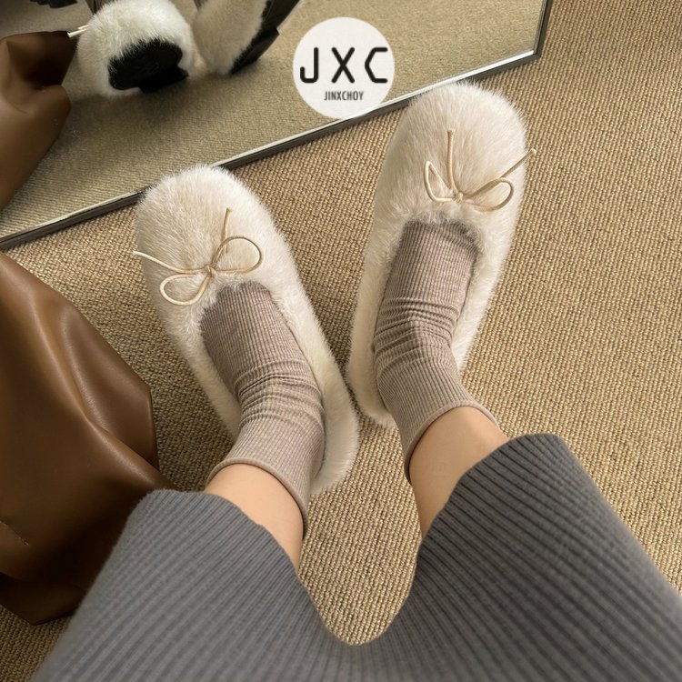 JINxCHOY Giày Búp Bê Mũi Tròn Lót Lông Cừu Màu Trơn Thoải Mái Thời Trang